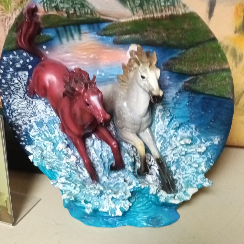 Resin Horse Figurine Pair - Two Horses Running Through Water Scene
