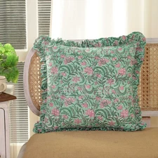 Handmade Block Print Cushion Cover Green Pink Floral Cotton Ruffle Pillow Case