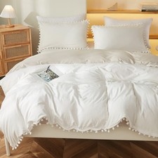 White Duvet Cover Set Twin Size Boho Farmhouse Bedding Set Cute Pom Pom Fring...
