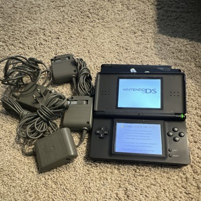Nintendo DS Lite Lot of 2 Consoles w/ 4 Chargers, Black/Blue, Pokémon Stickers