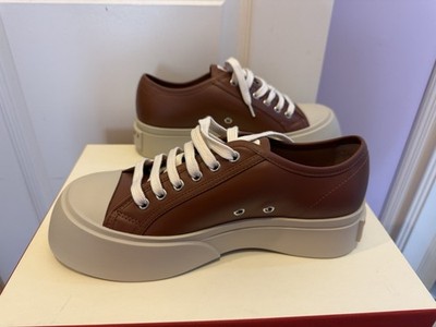 Marni Leather Sneaker Women's Brown Beige Low Top Rubber Sole Logo