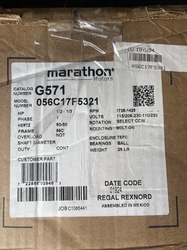 NEW- Marathon Electric G571 56C17F5321 1/2Hp - Picture 2 of 2
