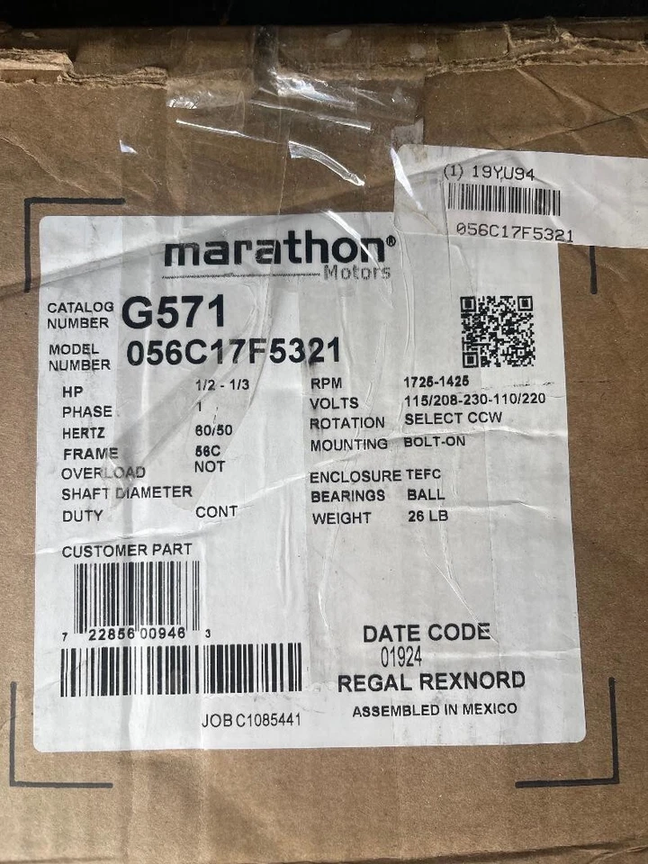NEW- Marathon Electric G571  56C17F5321  1/2Hp - Image 2 of 2