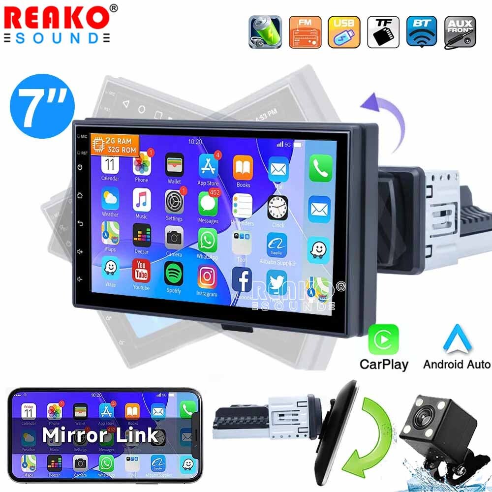 Single 1Din Car Radio Stereo 360° Rotation 7'' Android 12 Apple