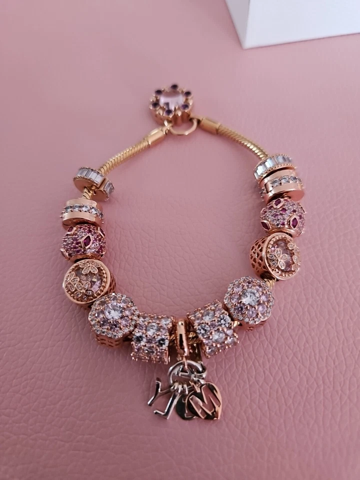 PANDORRA Armband  999 Feinsilber Rosegold Veredelt 19cm mit 13 Charms