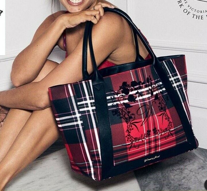 Victorias Secret Limited Edition Red Black Plaid Tote Bag Travel Shoulder