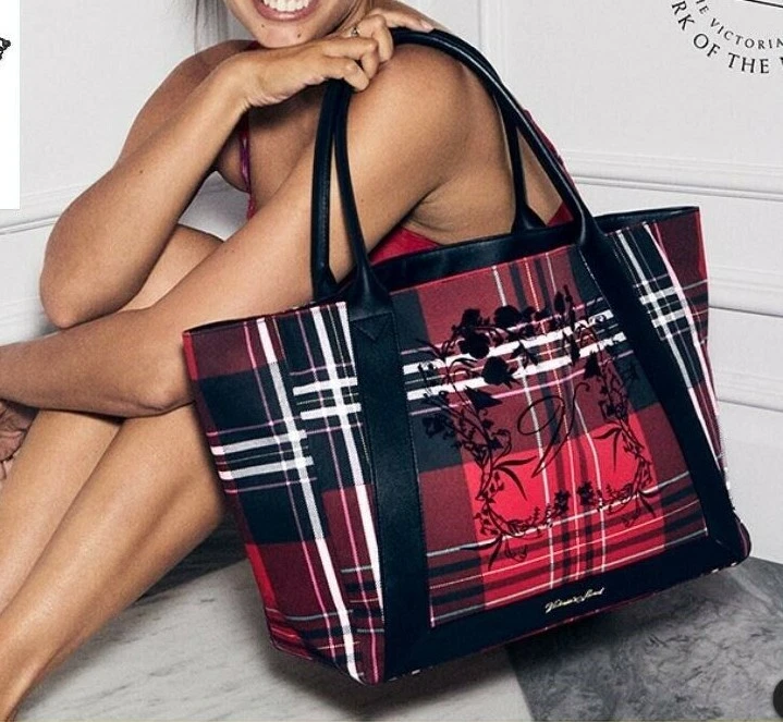 🌸Victoria's Secret Black & Red TARTAN / PLAID Tote Bag BRAND NEW With TAG  🌸