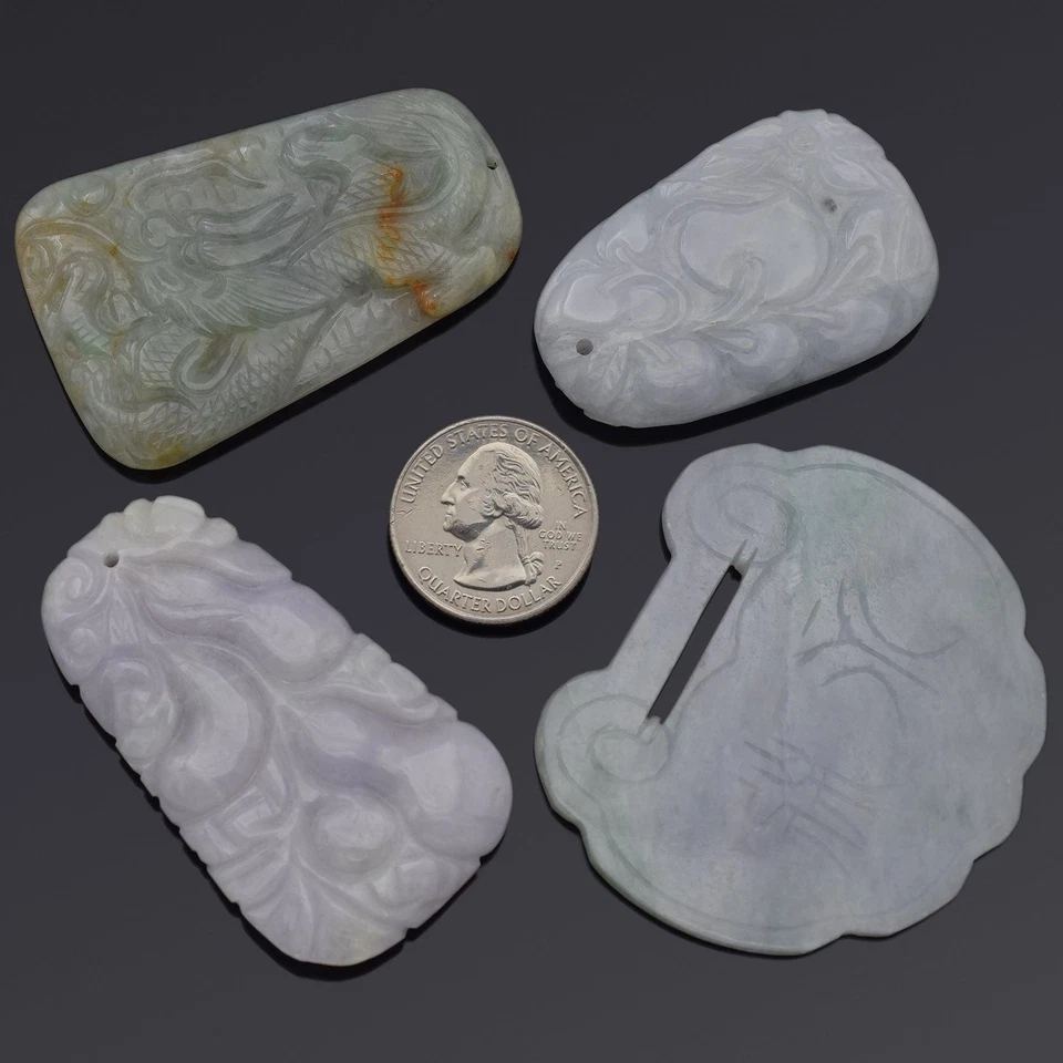 Lote de 4 colgantes vintage tallados en jade verde y lavanda fruta, dragón y cerradura Foto 3 de 4