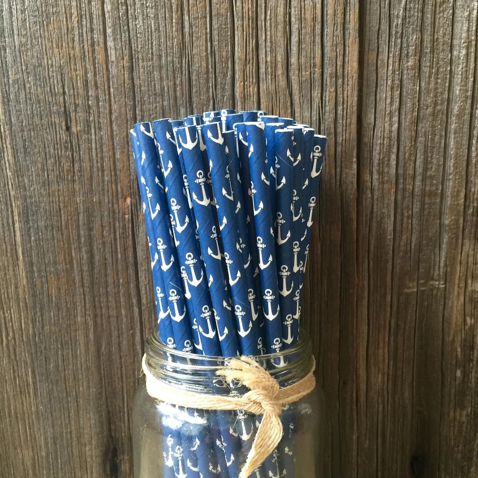 Anchor Nautical Themed Paper Straws - Navy Blue White - 7.75 Inches - 100 Pack - - Imagem 4 de 4