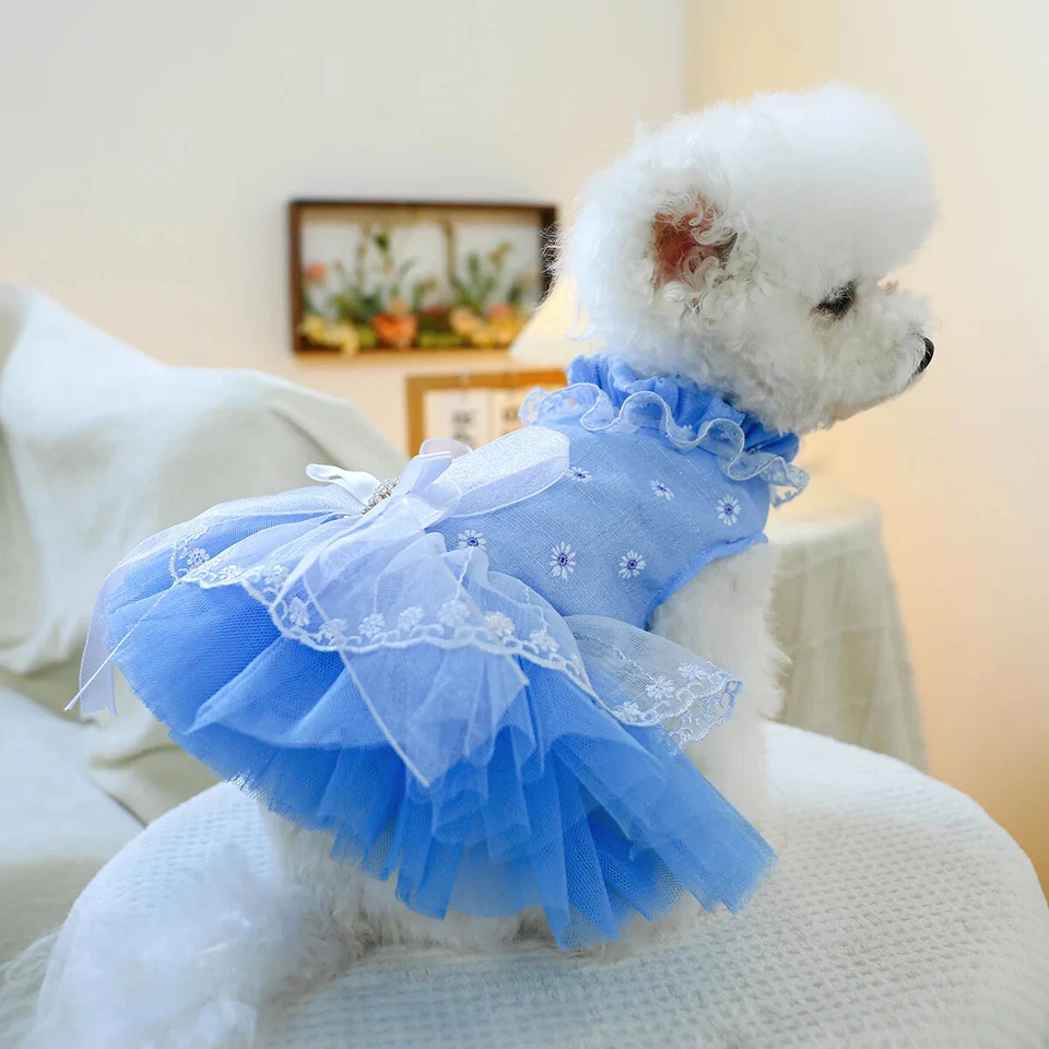 Pet Cat Dog Spring Summer Clothing Blue Bow Waltz Princess Dress for S M Dog Cat - Image 2 of 4