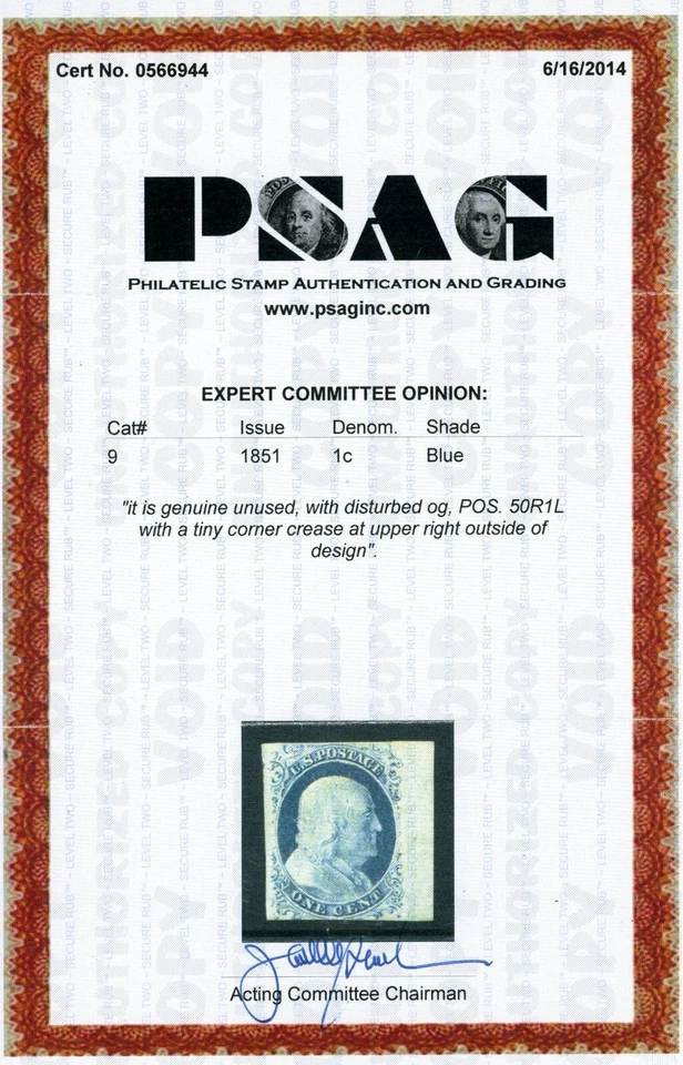 Scott 9 OG MLH FVF US 1851 Franklin Imperforate +Cert SCV $725+ - Image 3 of 3