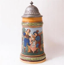 Antique Mettlach V&B Beer Stein Etched Landsknechts and Maid #2501 c.1898