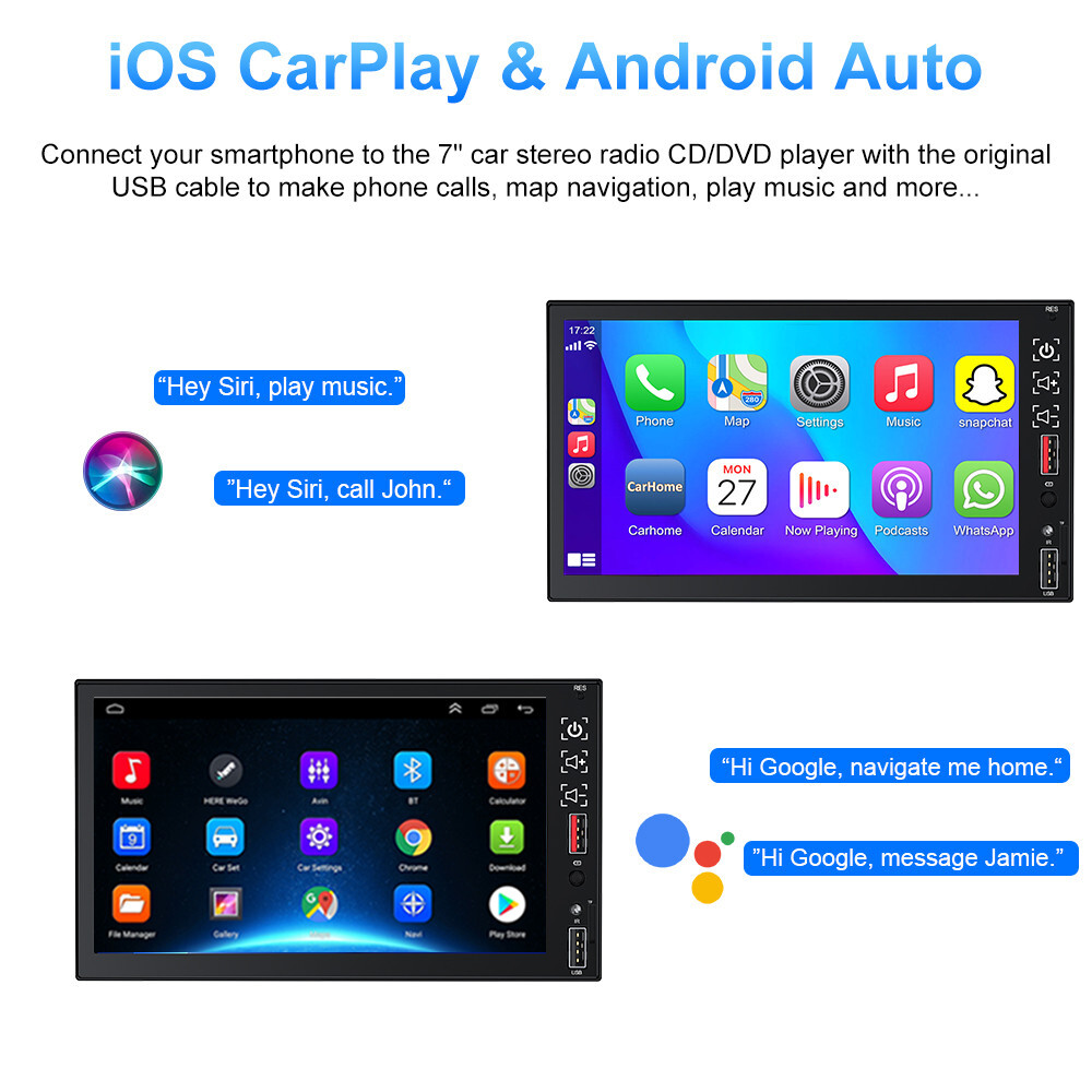 7" Double Din Car Stereo with Apple Carplay & Android Auto Play MP5