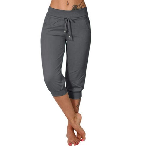 Women's Fashion Solid Color Casual Elastic Waist Drawstring Lace Cropped Pants - Picture 7 of 20