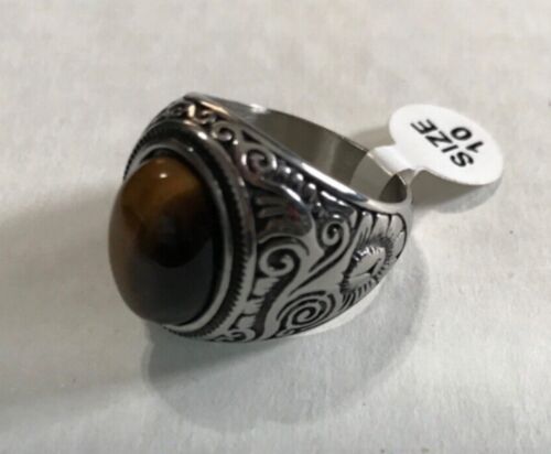 Ring men Brown TIGER'S EYE Simulated stainless steel silver ring size 10