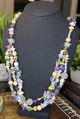 Beautiful Multi Layer Gemstone Chip Necklace Amethyst Jade Agate 28''