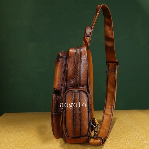 Genuine Leather Sling Bag for Men Retro Sling Backpack Women Purse Crossbody Bag - 第 6/14 張圖片