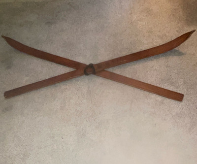 Vintage 1920 s Wooden Downhill Skis 180cm Brown w/ Leather Strap Bindings Pair