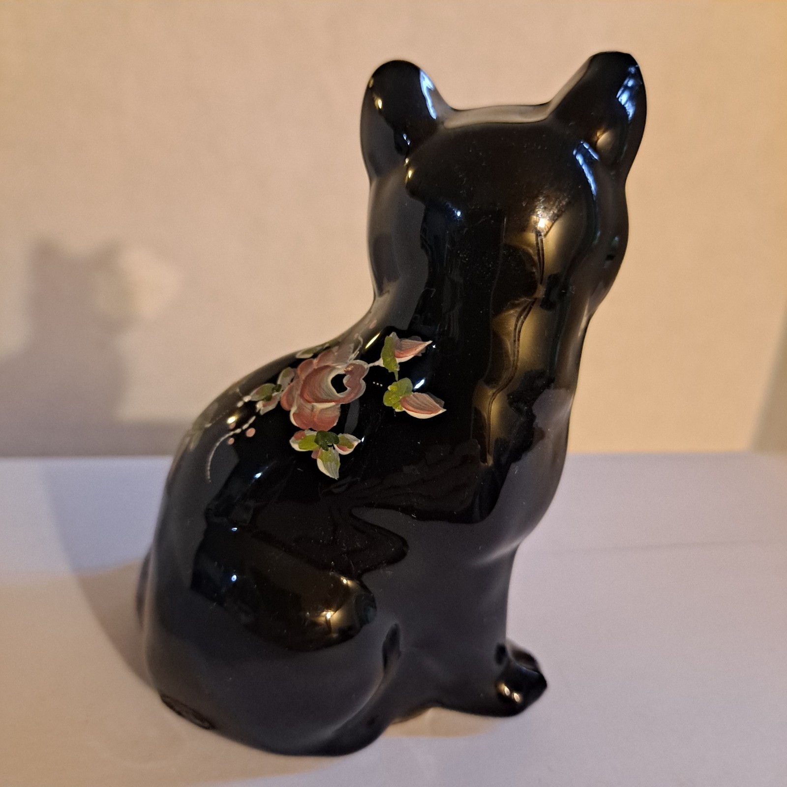 Fenton Black Glass Sitting Cat Hand Painted Floral Signed Original Label