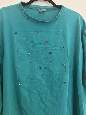 Vintage 90s Paris CC Style Shirt Teal Studded Rhinestone USA One Size Inspired