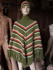 Vintage 70s Handmade Knit Cape  Beanie Set Poncho Hat Striped Fringe Mock Neck