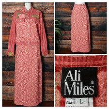 Ali Miles Vintage Two Piece Set 10 L Outfit Skirt Jacket Floral Denim Red