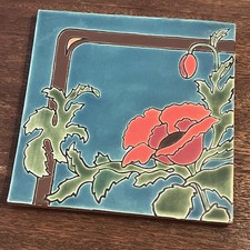 Czerwony mak kwiat ręcznie robiona glina 6x6 podstawka do płytek Asheville, NC 2002 T Zadi