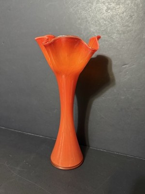 VINTAGE MID CENTURY MODERN 12  TALL ORANGE GLASS FLUTED VASE Made Is Romania