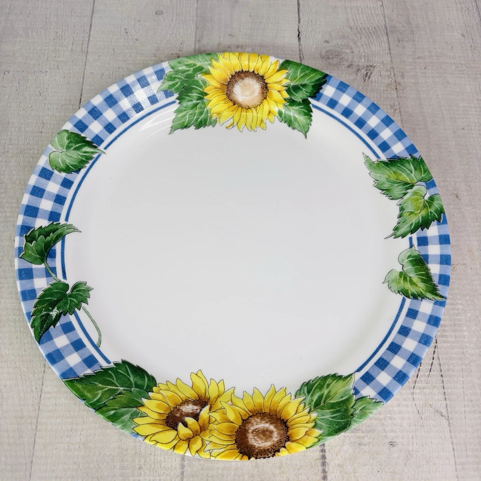 Corelle By Corning SUNSATIONS Blue Plaid Yellow Sunflowers Dinner Plates Set 4 - Image 4 of 4