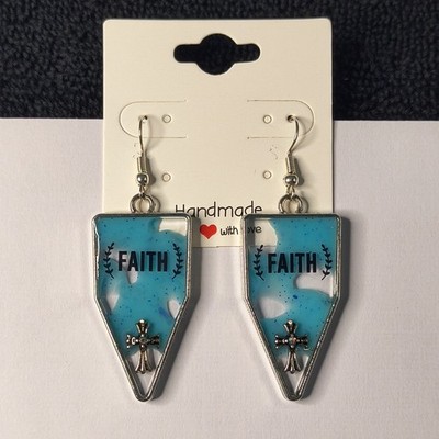 Handcrafted Blue Resin Cross Dangle Hook Earrings, Faith