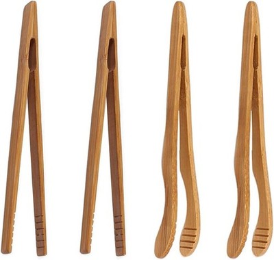 4 pack Bamboo Toaster Tongs - 7  Reusable Wood Cooking Tongs -Ideal Kitchen Uten