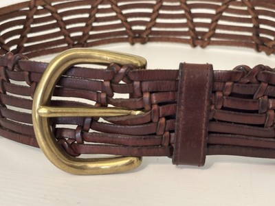 Fossil Classic Leather Woven Western Belt Solid Brass Buckle 