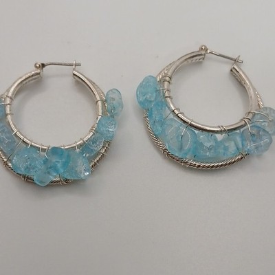 Handcrafted Hoop Earrings Silver Blue Glass Chip Beads Wire Wrapped 4cm