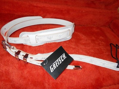 GRETSCH GUITARS WHITE TOOLED AND JEWELED LEATHER GUITAR STRAP FALCON PENGUIN