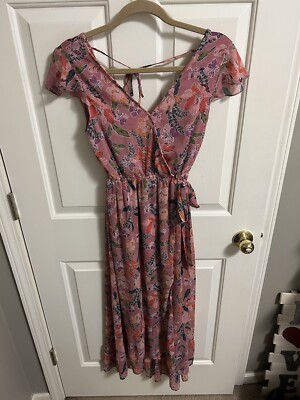 band of gypsies pink floral dress Band Of Gypsies Dress Women's XSPink Floral Print V Neck Maxi Flutter  Sleeve