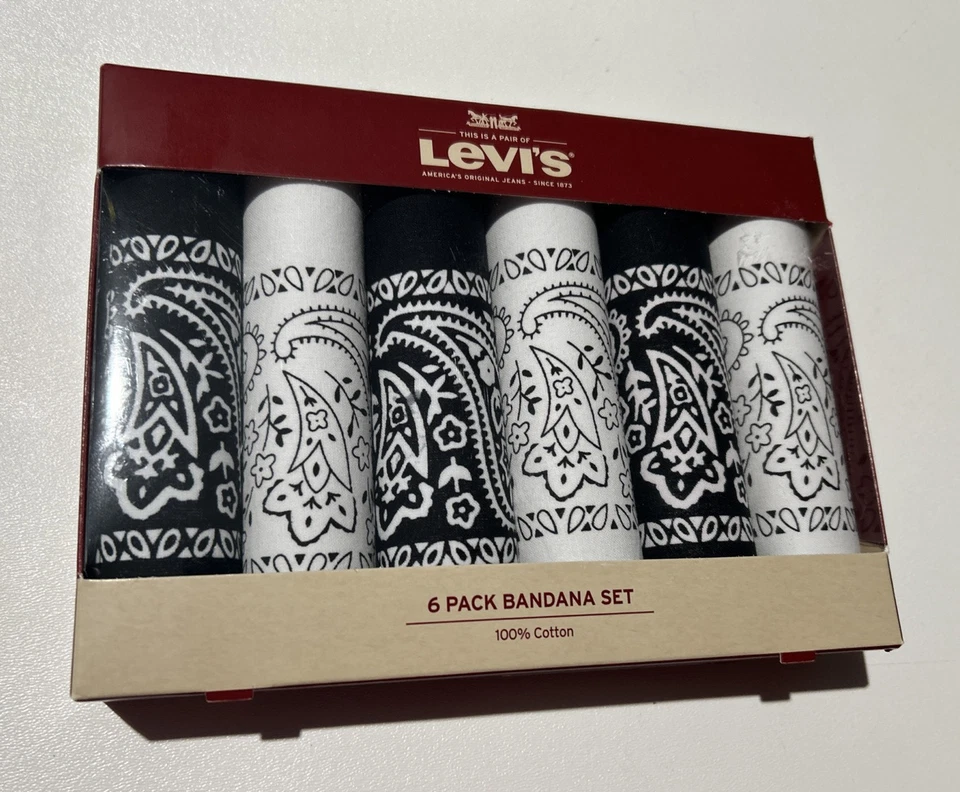 Paquete de 6 bufandas de pañuelo Levi's negro blanco algodón patrón clásico NUEVO Foto 2 de 4