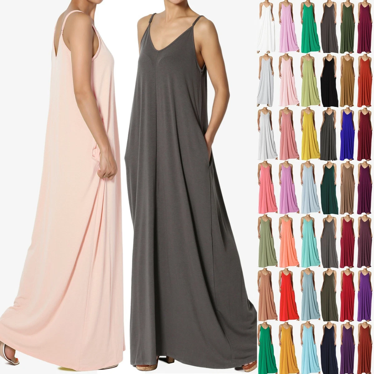 Casual Beach V-Neck Soft Jersey Cami Long Maxi Dress With Pocket