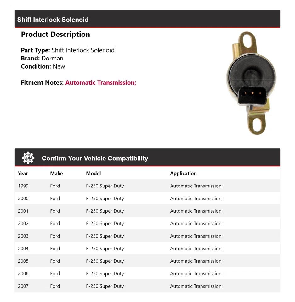 Solenoide de bloqueo de cambio Dorman 2000 2001 para Ford F-250 Super Duty 1999-2007 Foto 2 de 4