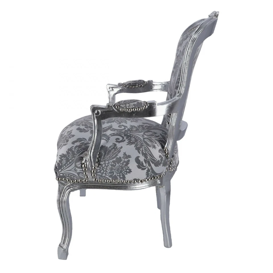 Poltrona Sedia in legno foglia argento con braccioli e tessuto damascato grigio - Immagine 3 di 3