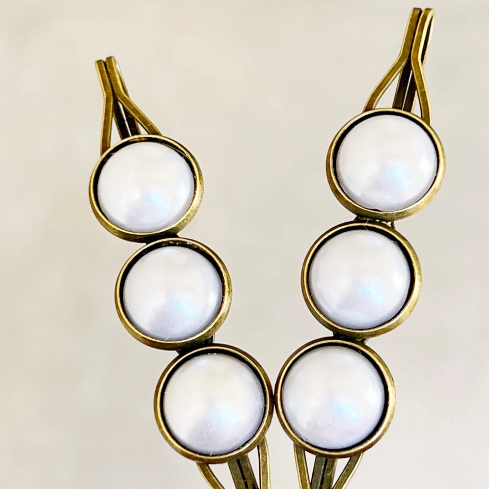 Silver White Pearl Hair Clips, Antiqued Bronze Barrette, Wedding Hair Jewelry - Image 2 of 4