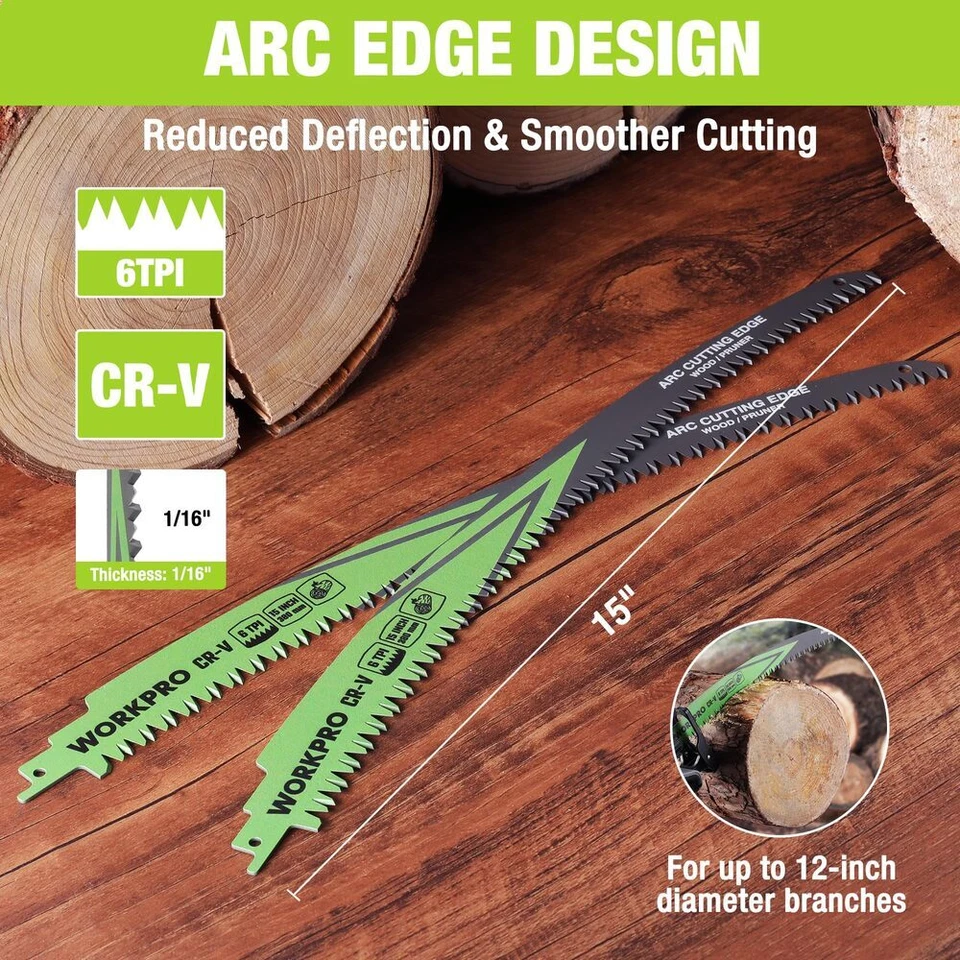 Juego de hojas de sierra recíprocas para podar madera WORKPRO 5 PIEZAS 15" borde de corte de arco 6TPI Foto 3 de 4