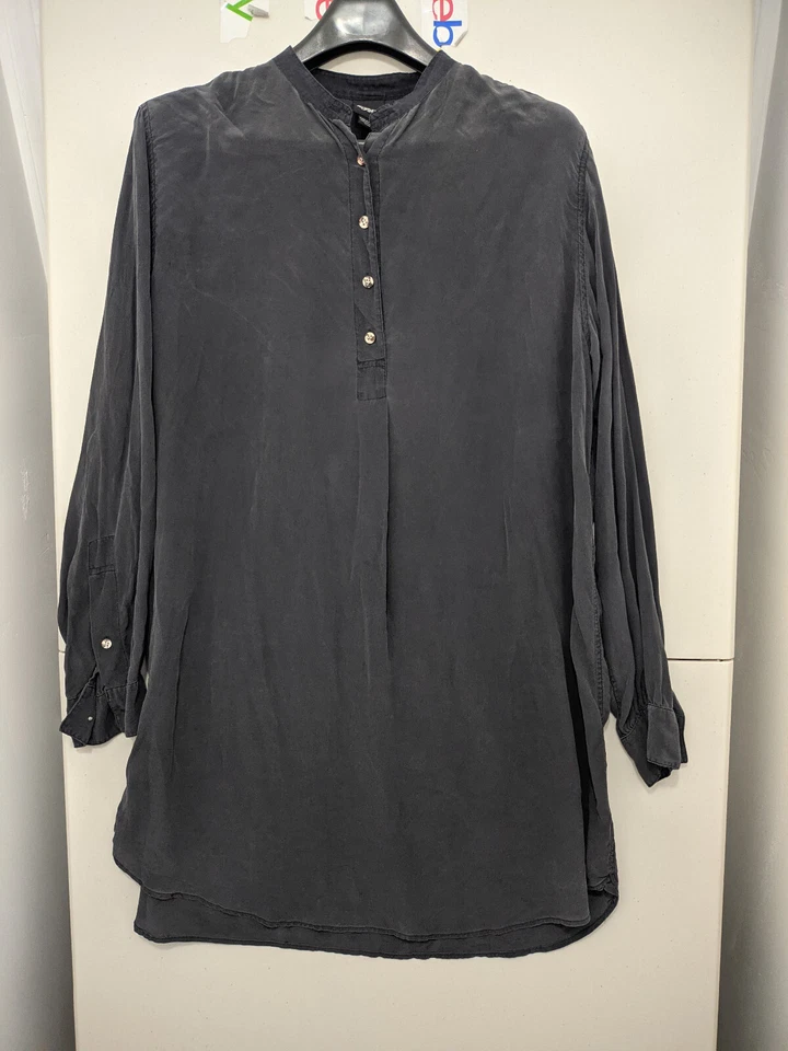 Vestido EDUN para Mulheres L Túnica Preta Popover Midi 100% Seda Henley Leve Desbotada - Imagem 2 de 4