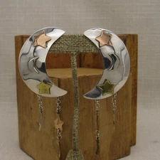 Sterling Silver Large Crescent Moon Post Earrings with Dangling Stars +