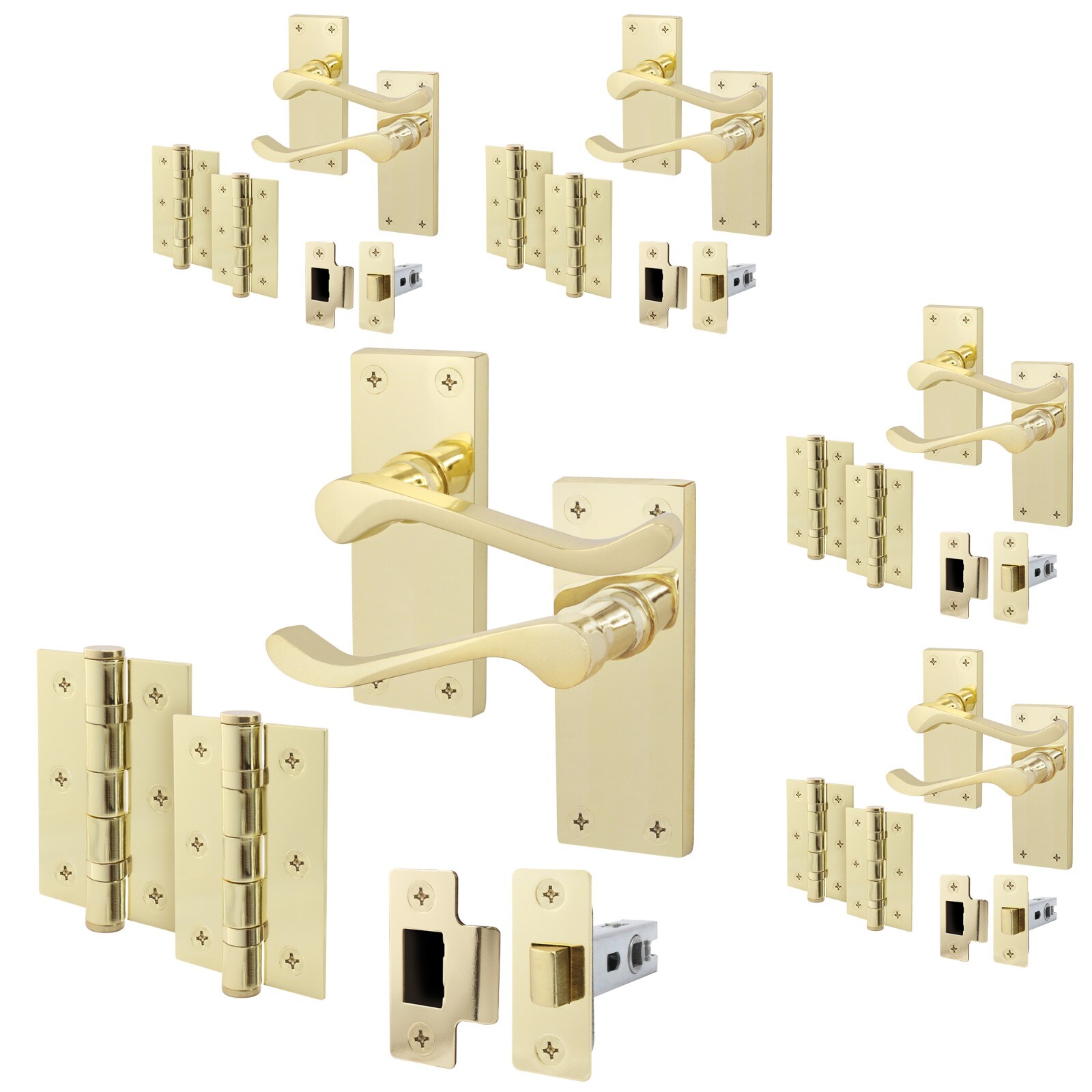 Polished Brass Victorian Scroll Door Handle & Latch Set with Hinges 76mm 5 Pack