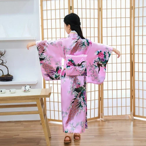 New Japanese Childrens Girls Pink with Flower Prints Long Kimono Outfit - Picture 2 of 5