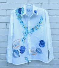 VINTAGE Creative Artwear Hand Painted Floral Art Button Up White Top Small