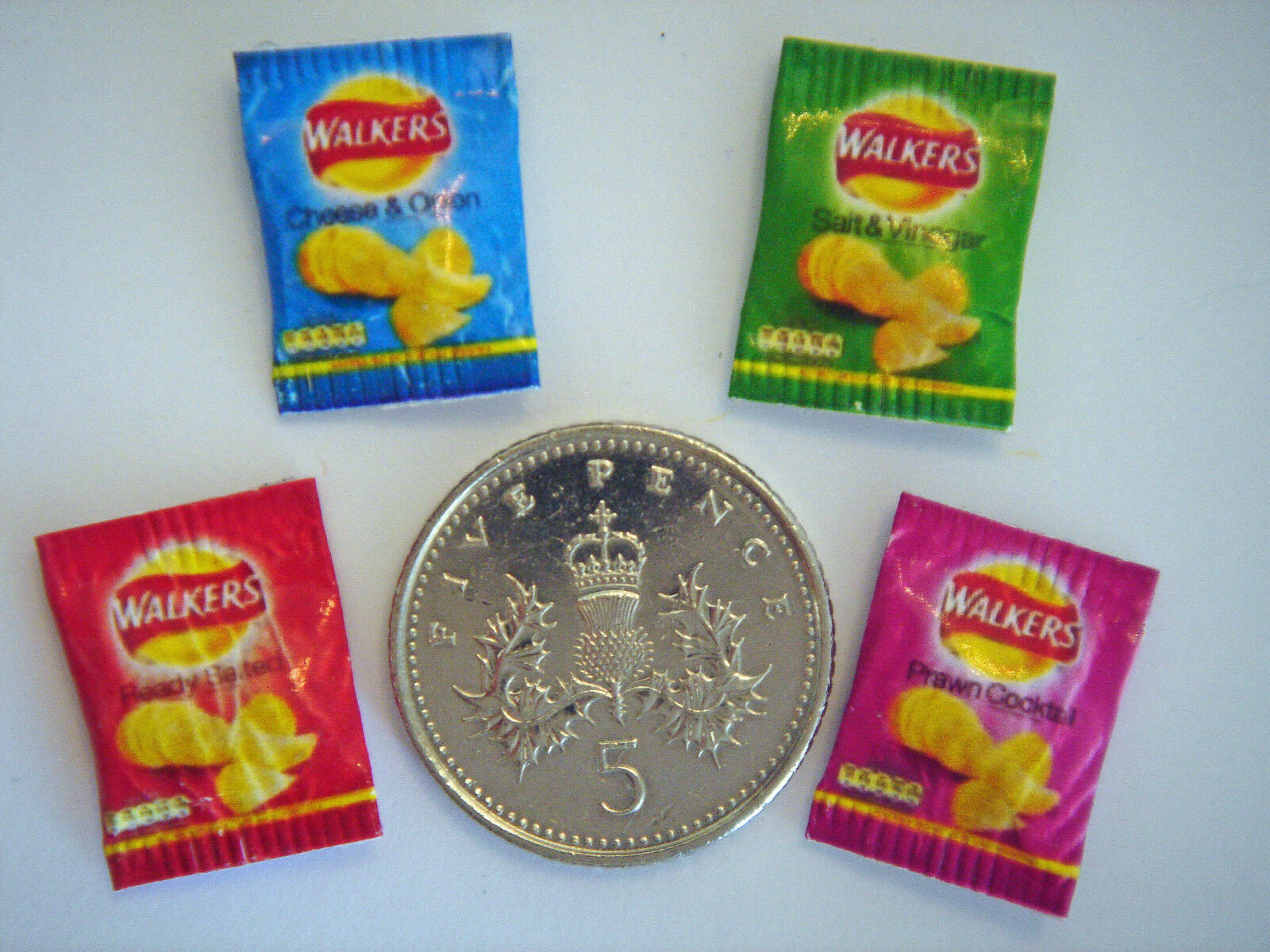 DOLLS HOUSE MINIATURE WALKERS CRISPS 4 PACKETS / FLAVOURS Handmade 1:12th Scale 