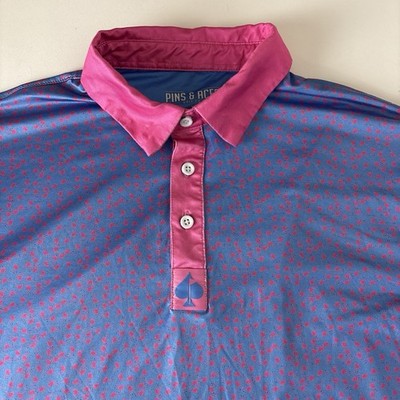 Pins & Aces Shirt Golf Polo Men's Size XL Flamingo AOP Blue Performance Casual