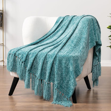 Chenille Throw Blanket  Soft Cozy Knitted Fringe Tassel Throw for Sofa