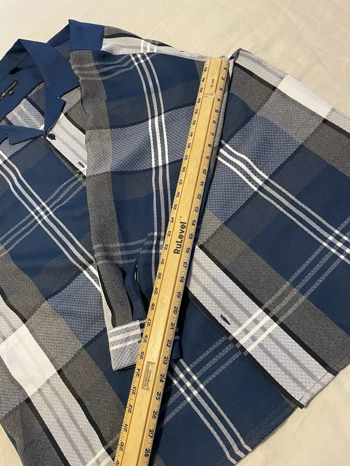 6XL Montique  Short Sleeve Blue Plaid Button Up Shirt 36”long 30”pit To Pit - Image 3 of 4
